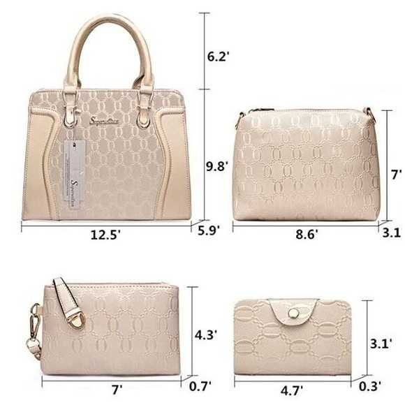 Set 4pc Women Bags ~ Handbag Tote Shoulder Top Handle Satchel Purse Beige Wallet - Picture 10 of 12